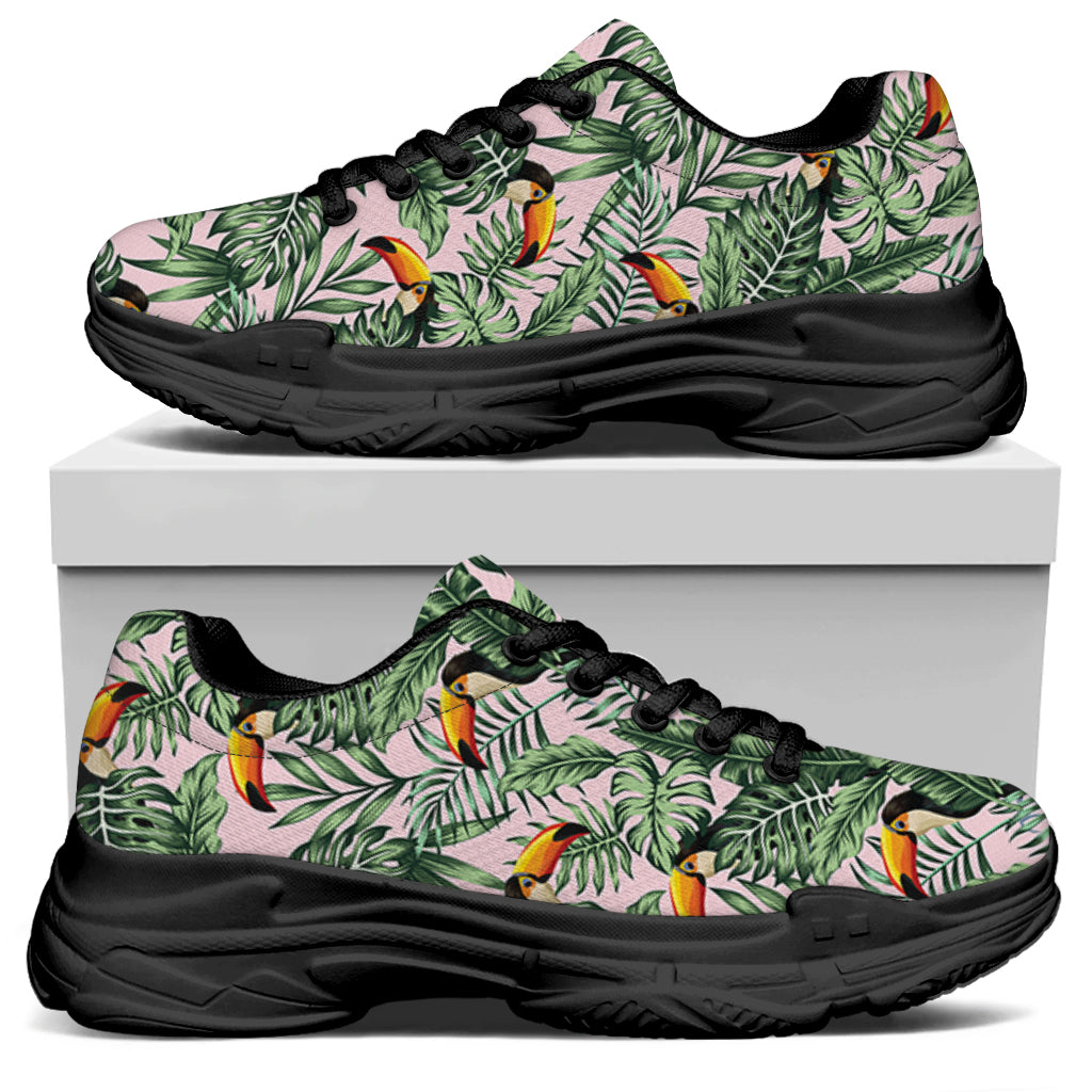 Tropical Palm Leaf And Toucan Print Black Chunky Shoes