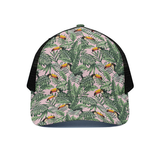 Tropical Palm Leaf And Toucan Print Black Mesh Trucker Cap