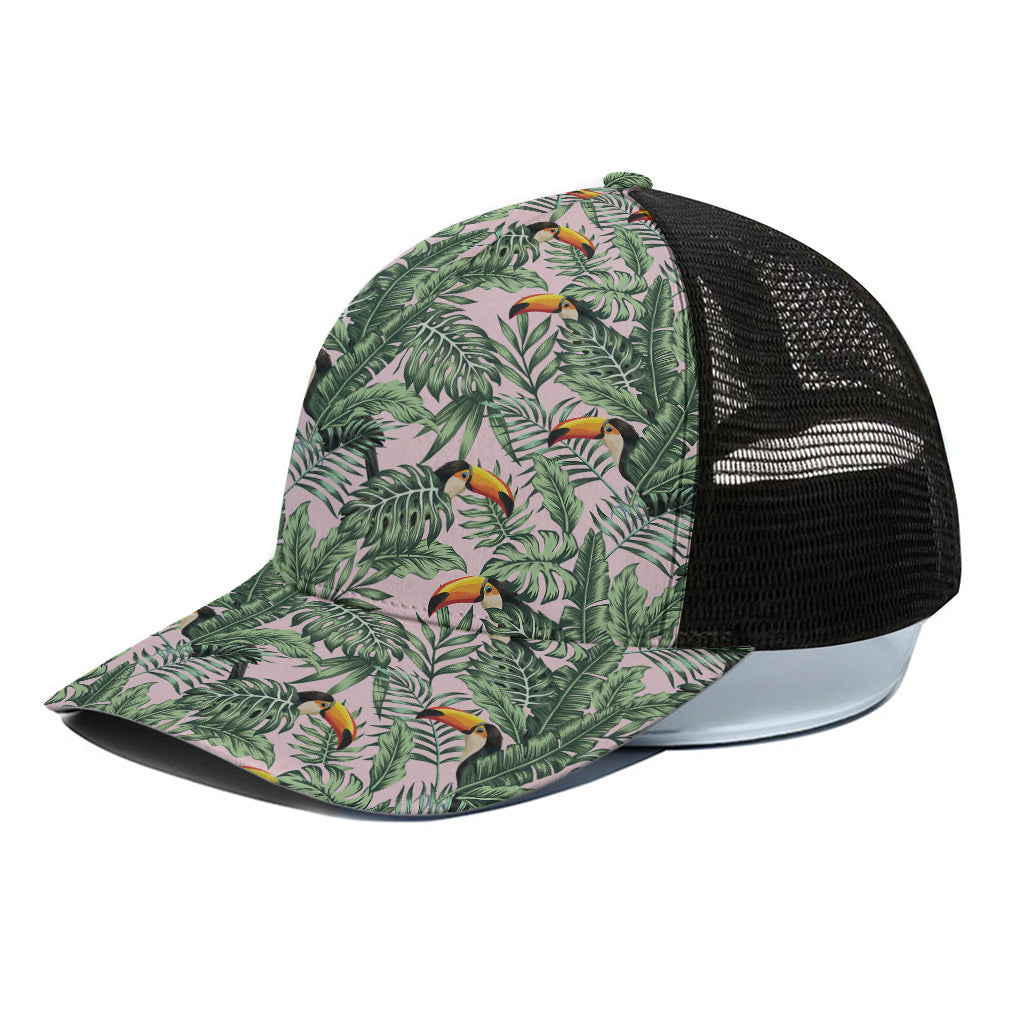 Tropical Palm Leaf And Toucan Print Black Mesh Trucker Cap