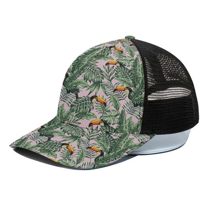 Tropical Palm Leaf And Toucan Print Black Mesh Trucker Cap