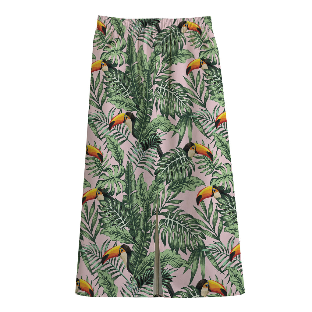 Tropical Palm Leaf And Toucan Print Cotton Front Slit Maxi Skirt