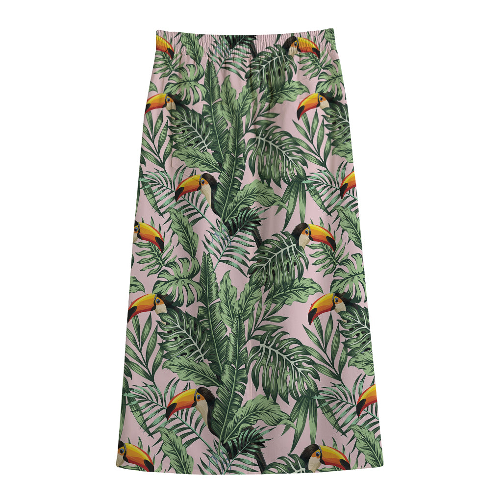 Tropical Palm Leaf And Toucan Print Cotton Front Slit Maxi Skirt