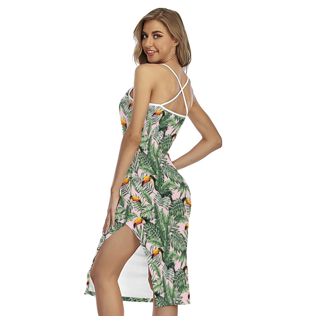 Tropical Palm Leaf And Toucan Print Cross Back Cami Dress