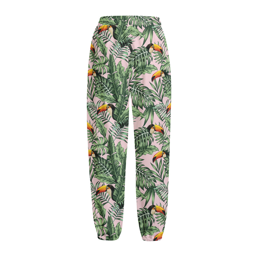 Tropical Palm Leaf And Toucan Print Fleece Lined Knit Pants