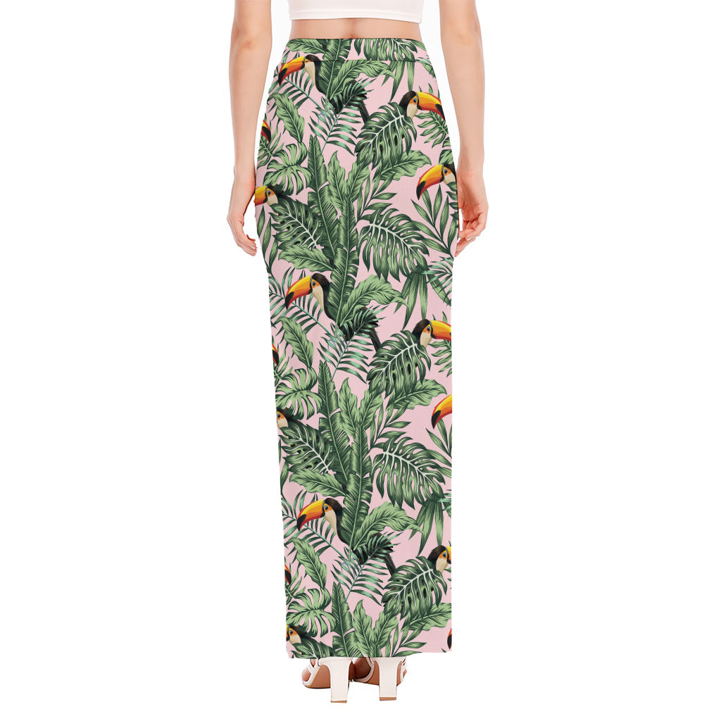 Tropical Palm Leaf And Toucan Print High Slit Maxi Skirt