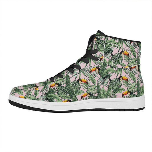 Tropical Palm Leaf And Toucan Print High Top Leather Sneakers