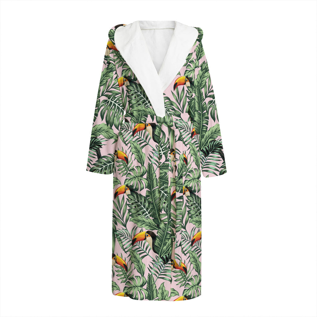 Tropical Palm Leaf And Toucan Print Hooded Bathrobe