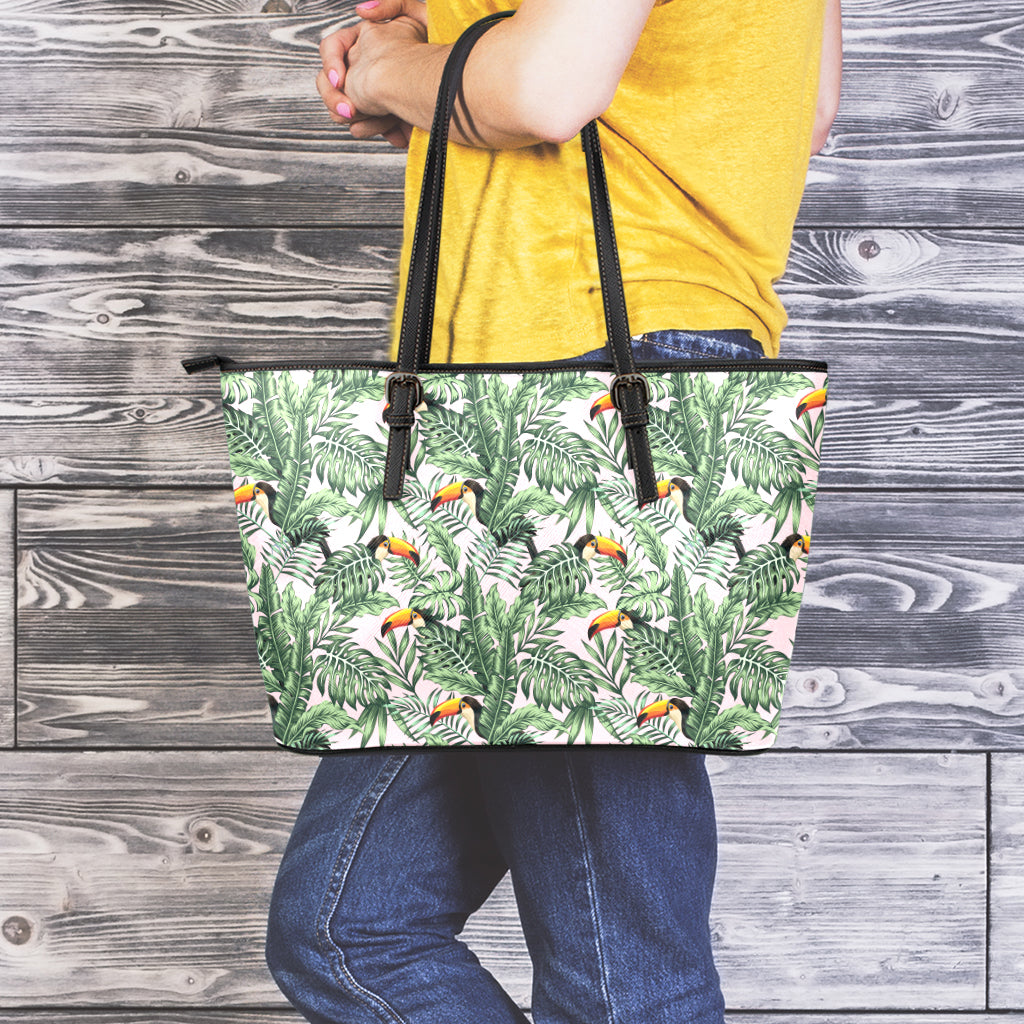 Tropical Palm Leaf And Toucan Print Leather Tote Bag