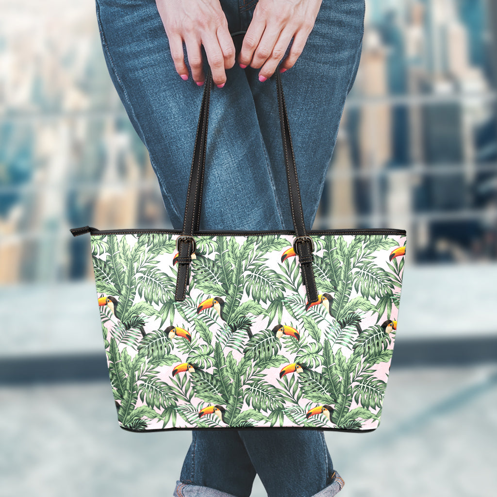 Tropical Palm Leaf And Toucan Print Leather Tote Bag