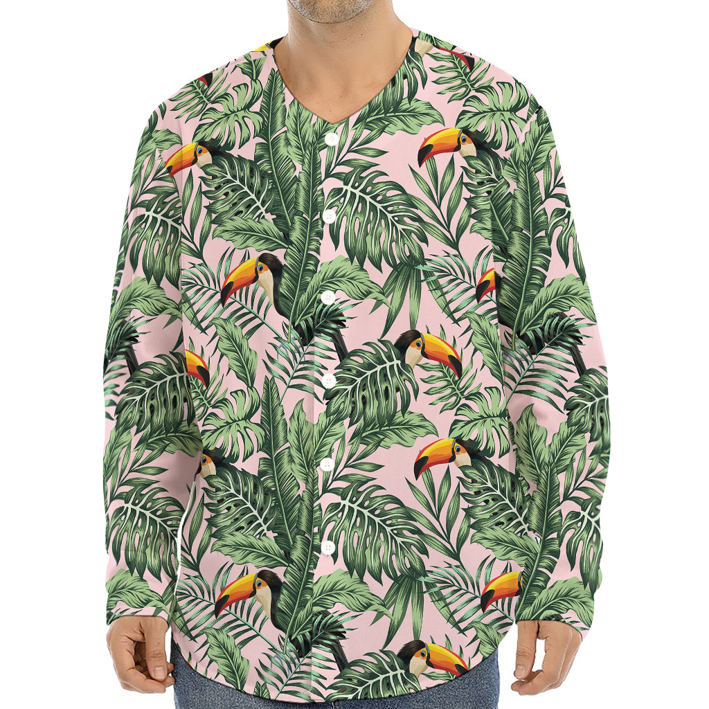 Tropical Palm Leaf And Toucan Print Long Sleeve Baseball Jersey