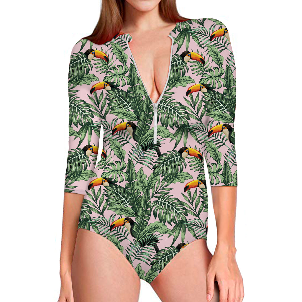 Tropical Palm Leaf And Toucan Print Long Sleeve Swimsuit