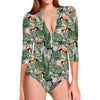 Tropical Palm Leaf And Toucan Print Long Sleeve Swimsuit