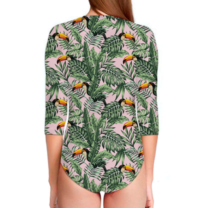 Tropical Palm Leaf And Toucan Print Long Sleeve Swimsuit