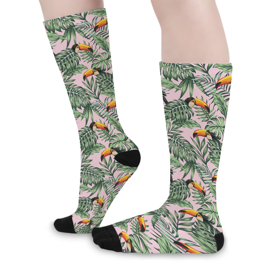 Tropical Palm Leaf And Toucan Print Long Socks