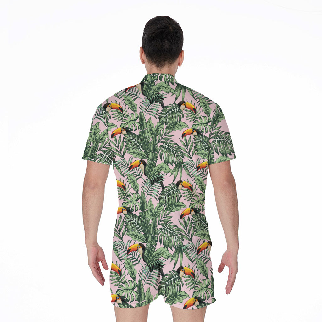 Tropical Palm Leaf And Toucan Print Men's Rompers