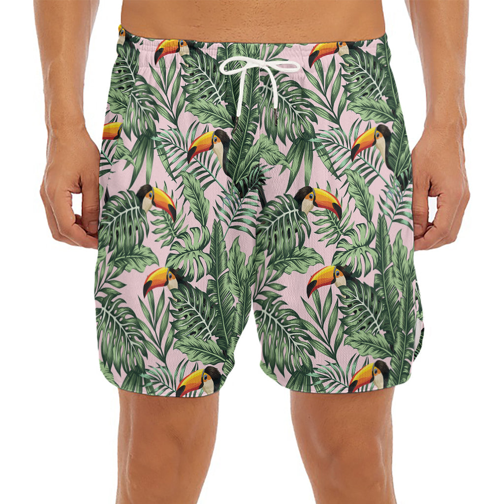 Tropical Palm Leaf And Toucan Print Men's Split Running Shorts