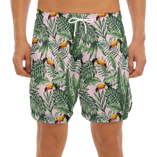Tropical Palm Leaf And Toucan Print Men's Split Running Shorts