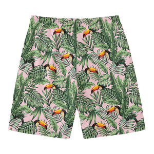 Tropical Palm Leaf And Toucan Print Men's Swim Trunks