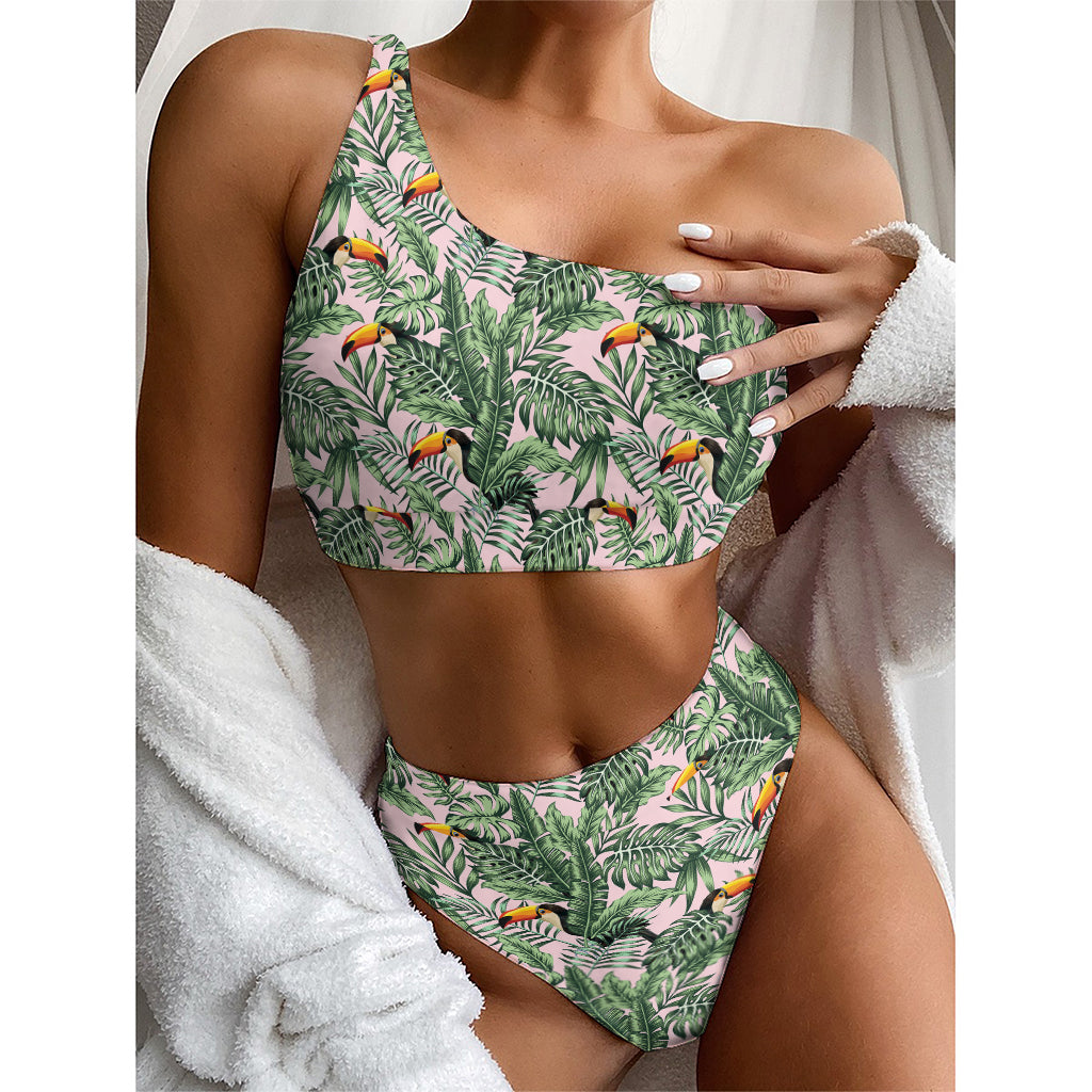 Tropical Palm Leaf And Toucan Print One Shoulder Bikini Top