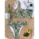 Tropical Palm Leaf And Toucan Print One Shoulder Bikini Top