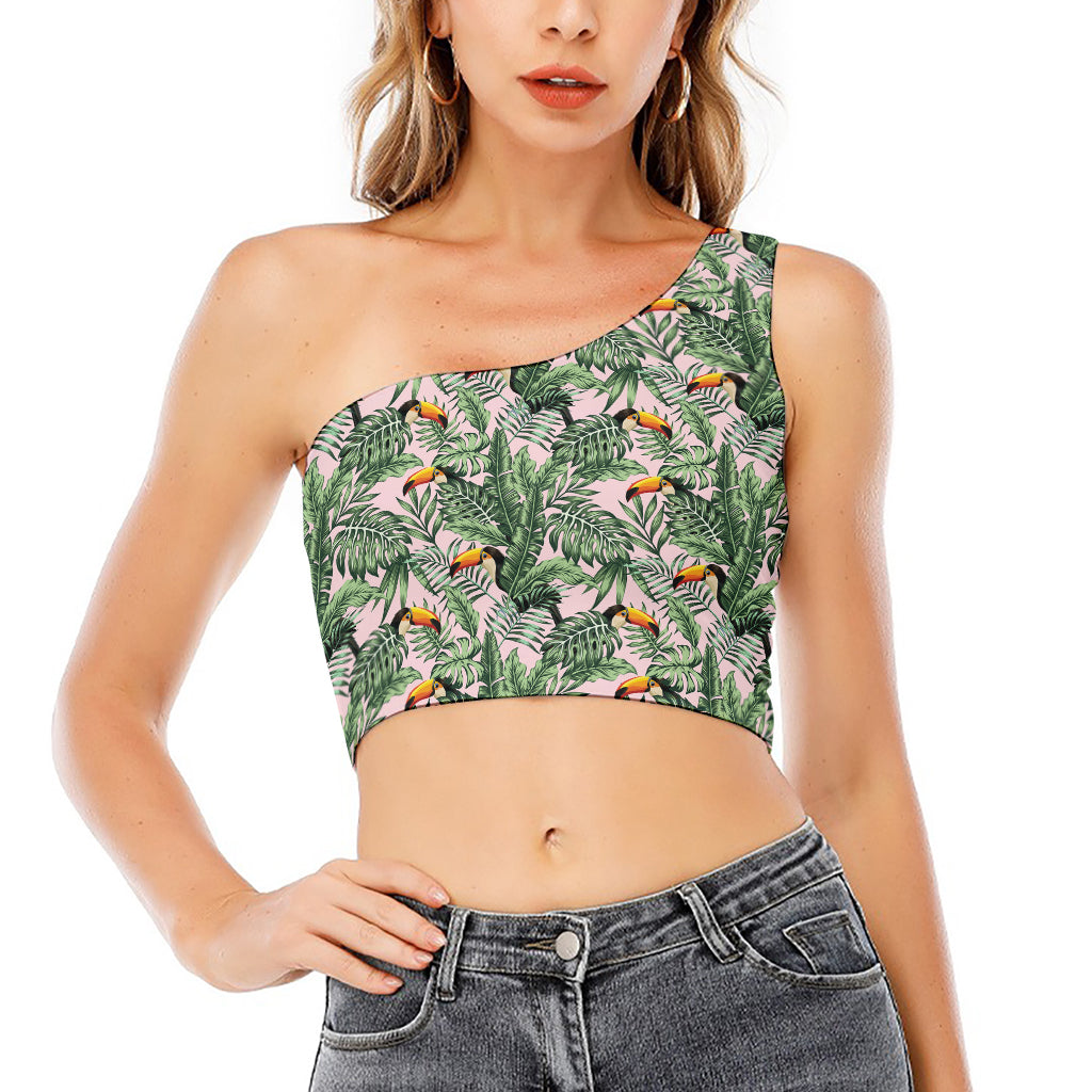 Tropical Palm Leaf And Toucan Print One Shoulder Crop Top