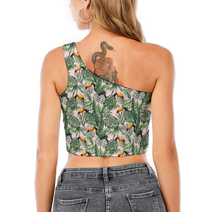 Tropical Palm Leaf And Toucan Print One Shoulder Crop Top