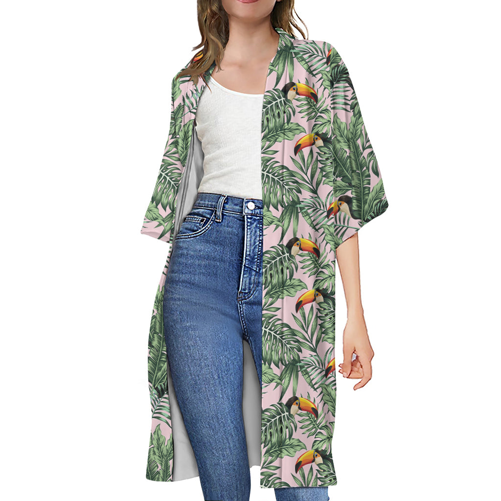 Tropical Palm Leaf And Toucan Print Open Front Beach Cover Up