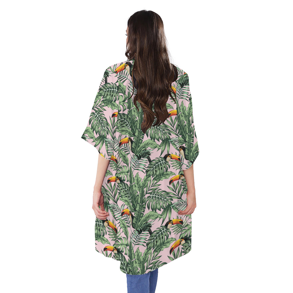 Tropical Palm Leaf And Toucan Print Open Front Beach Cover Up