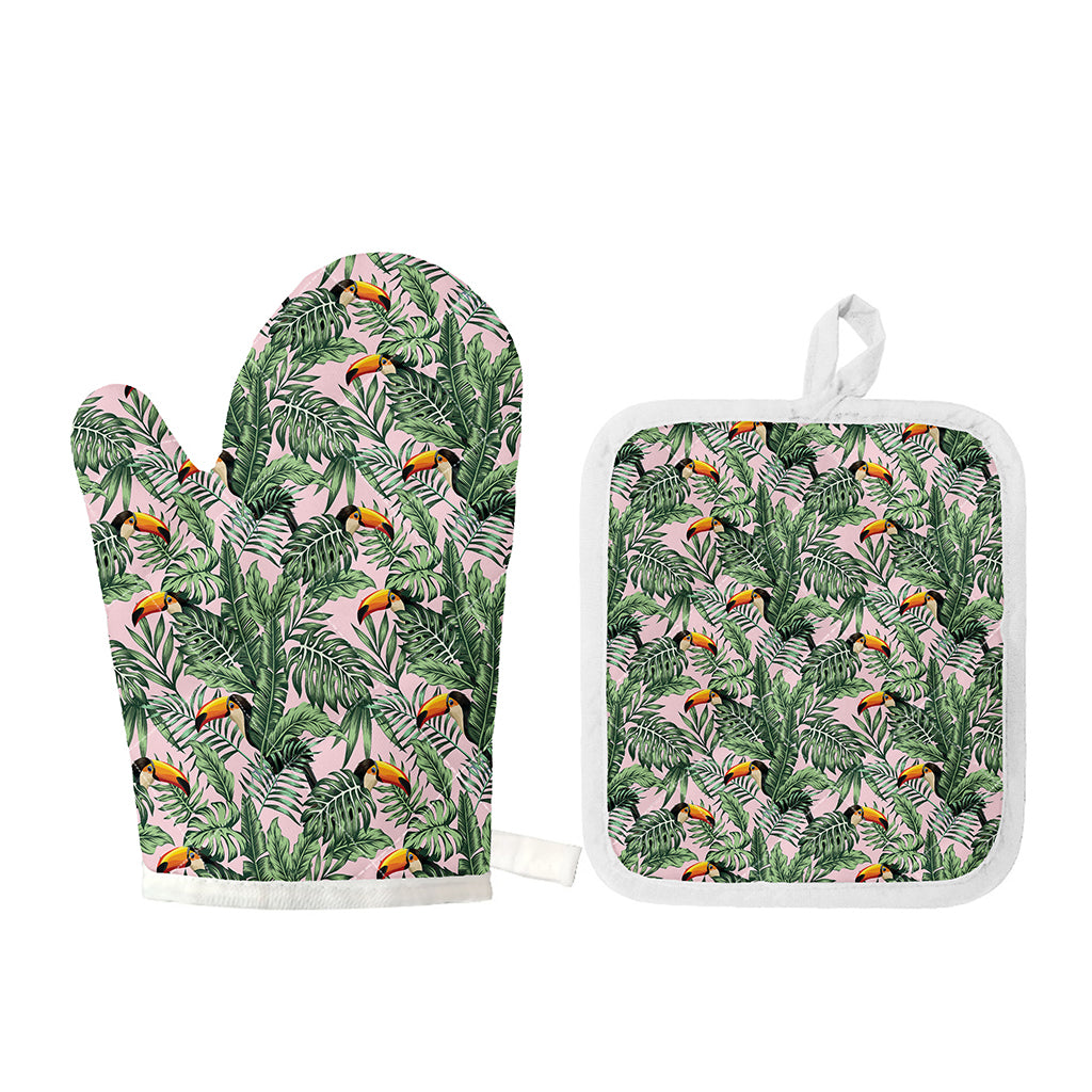 Tropical Palm Leaf And Toucan Print Oven Mitt And Pot Holder Set