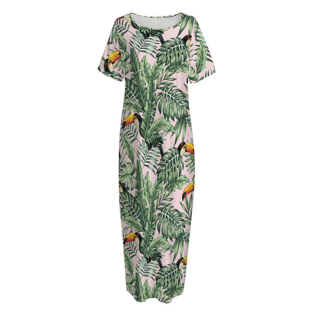 Tropical Palm Leaf And Toucan Print Short Sleeve Long Nightdress