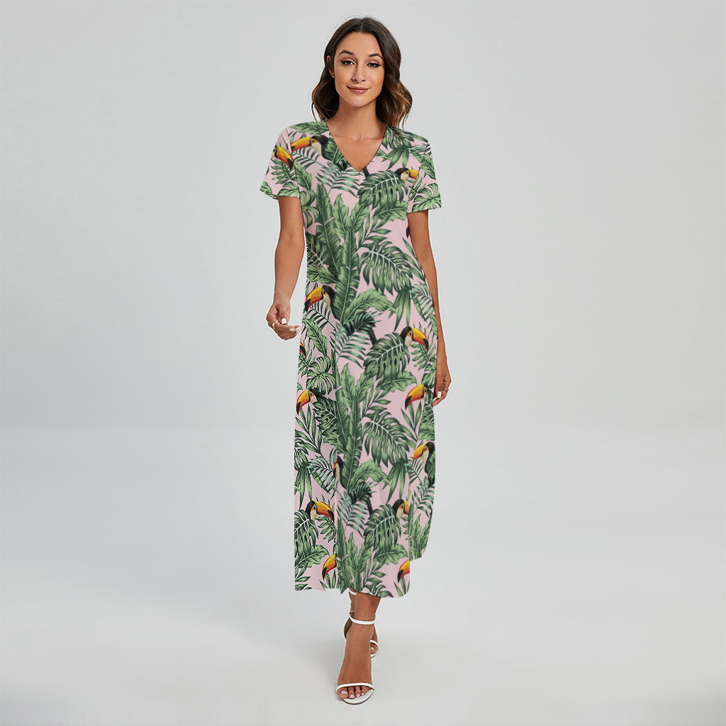 Tropical Palm Leaf And Toucan Print Short Sleeve Maxi Dress