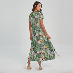 Tropical Palm Leaf And Toucan Print Short Sleeve Maxi Dress