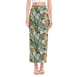 Tropical Palm Leaf And Toucan Print Side Slit Maxi Skirt