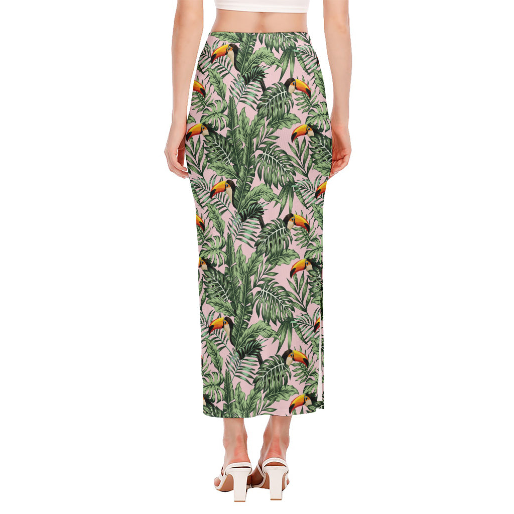 Tropical Palm Leaf And Toucan Print Side Slit Maxi Skirt