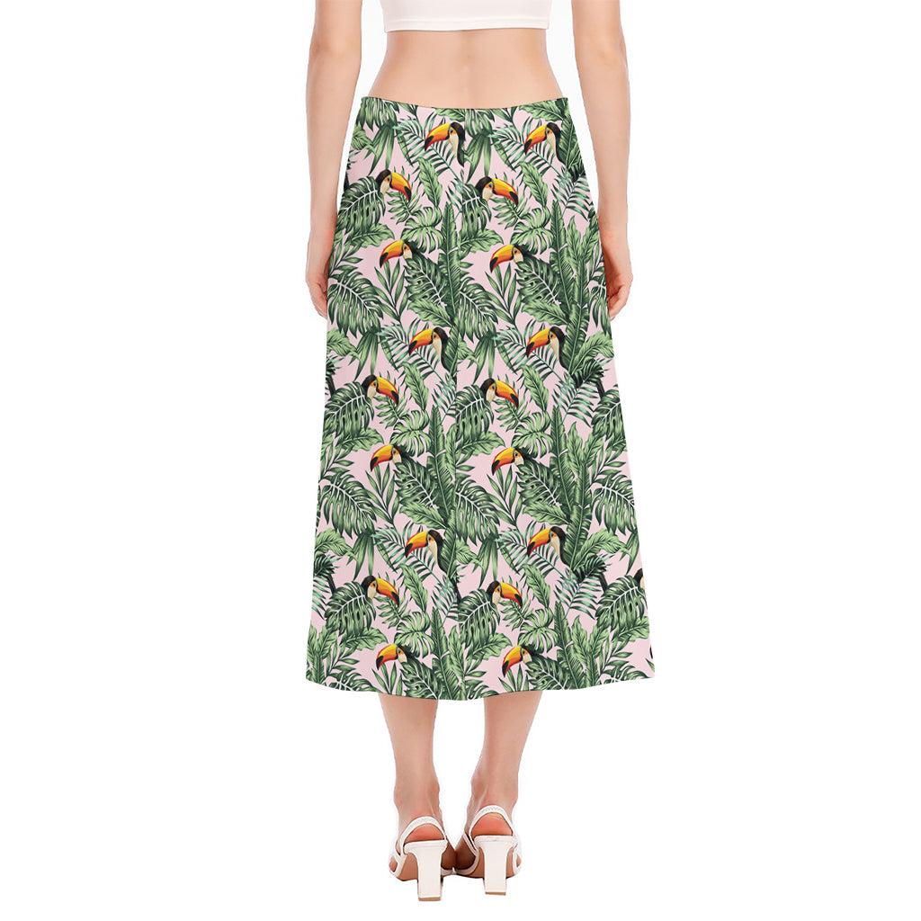 Tropical Palm Leaf And Toucan Print Side Slit Midi Skirt