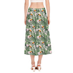 Tropical Palm Leaf And Toucan Print Side Slit Midi Skirt