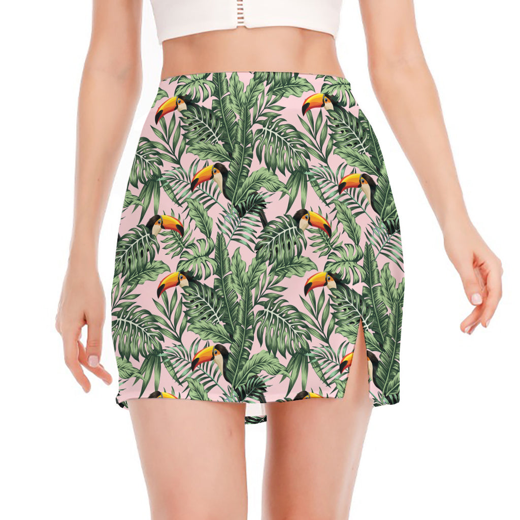 Tropical Palm Leaf And Toucan Print Side Slit Mini Skirt