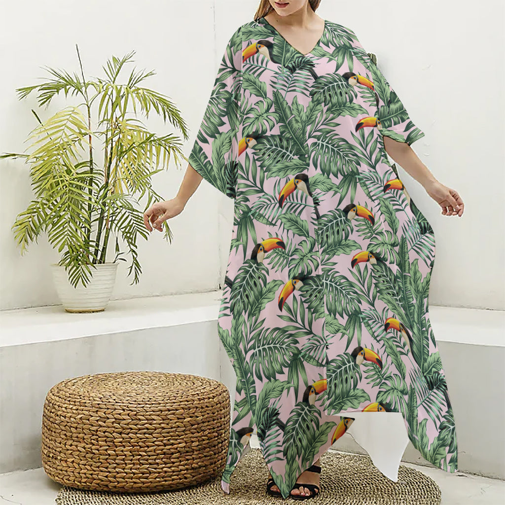 Tropical Palm Leaf And Toucan Print Silk V-Neck Kaftan Dress