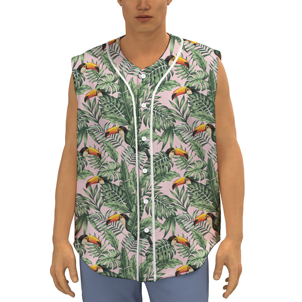 Tropical Palm Leaf And Toucan Print Sleeveless Baseball Jersey