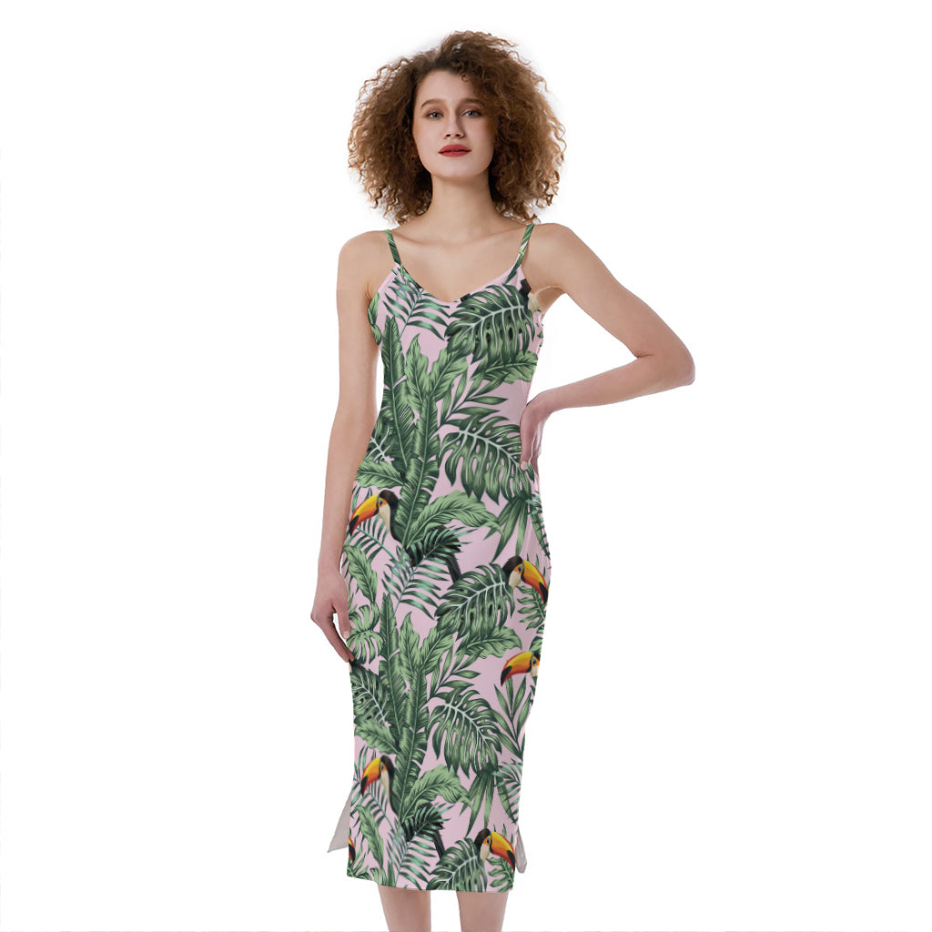 Tropical Palm Leaf And Toucan Print Slim Fit Midi Cami Dress