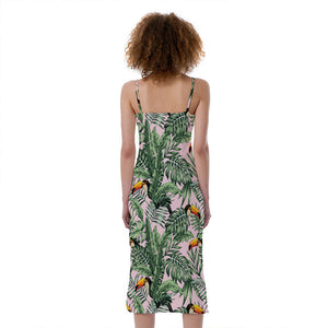 Tropical Palm Leaf And Toucan Print Slim Fit Midi Cami Dress