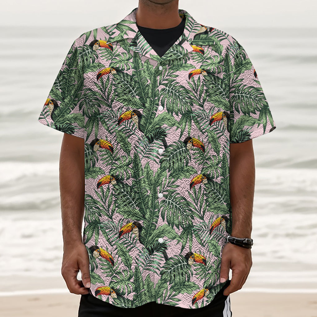 Tropical Palm Leaf And Toucan Print Textured Short Sleeve Shirt
