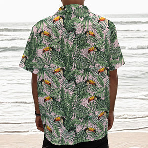 Tropical Palm Leaf And Toucan Print Textured Short Sleeve Shirt