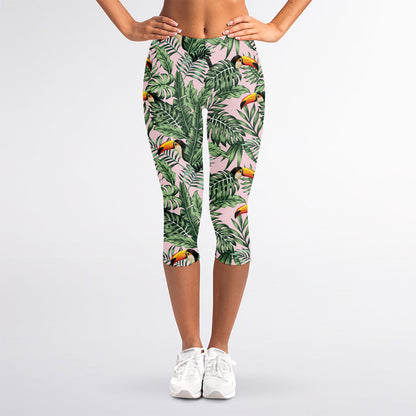 Tropical Palm Leaf And Toucan Print Women's Capri Leggings