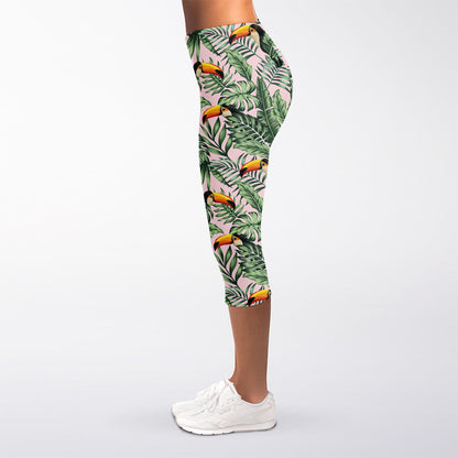 Tropical Palm Leaf And Toucan Print Women's Capri Leggings