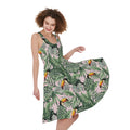 Tropical Palm Leaf And Toucan Print Sleeveless Knee Length Dress