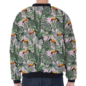 Tropical Palm Leaf And Toucan Print Zip Sleeve Bomber Jacket