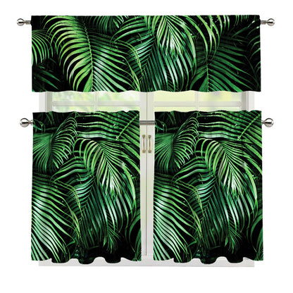 Tropical Palm Leaf Print 3 Piece Kitchen Curtains