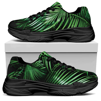 Tropical Palm Leaf Print Black Chunky Shoes