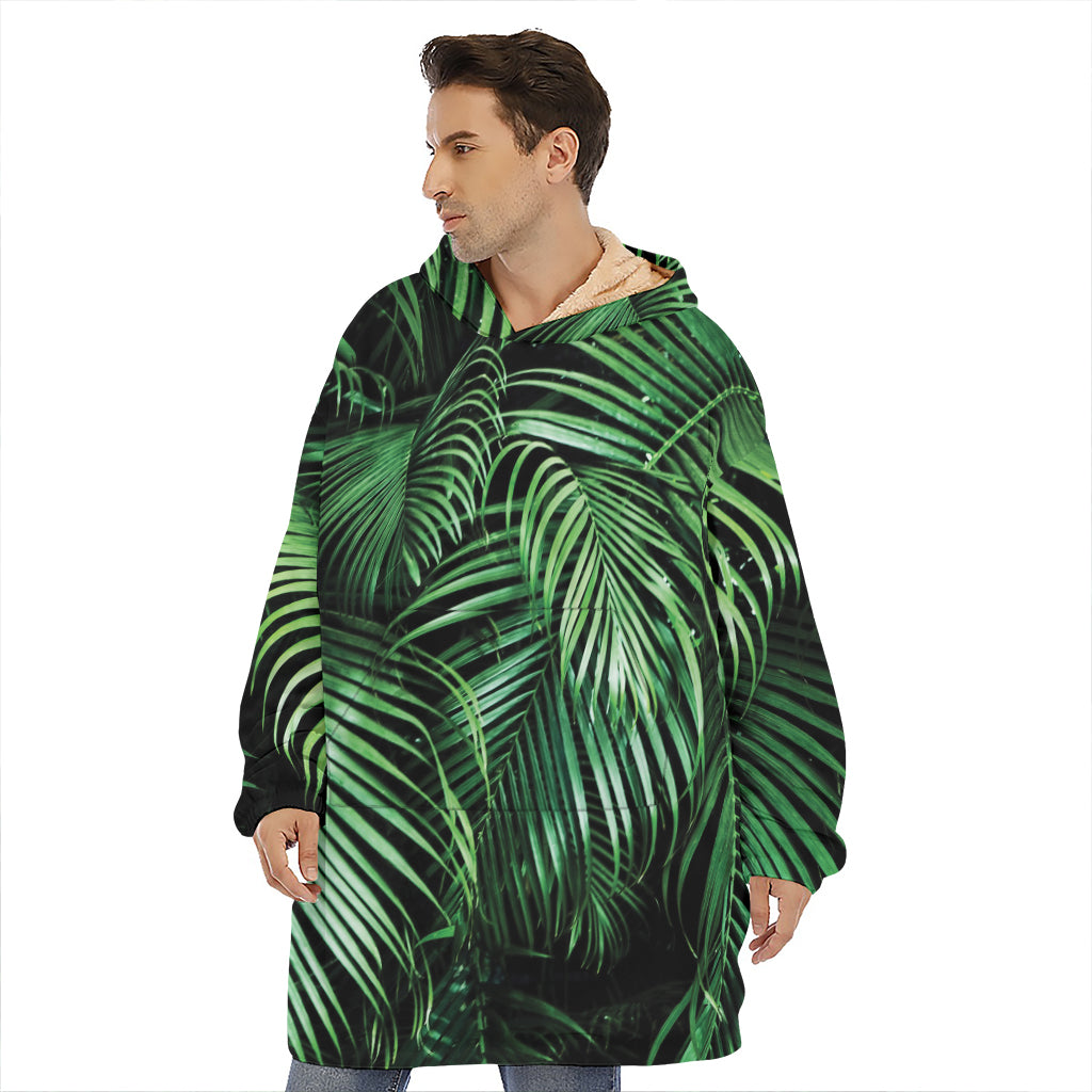Tropical Palm Leaf Print Hoodie Blanket